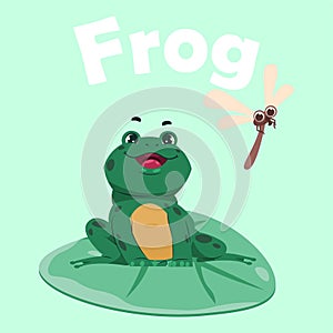 Frog pose. Cartoon green toad sitting on water lily leaf. Jumping animal. Pond fauna. Amphibian and dragonfly. Funny