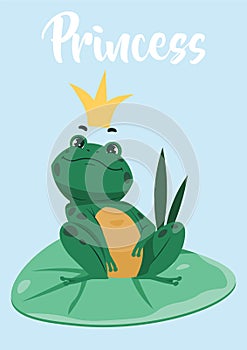 Frog pose. Green froglet with princess crown. Funny aquatic animal sitting on water lily leaf. Fairytale character card