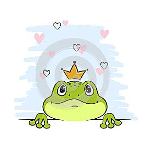 Frog prince cartoon vector illustration. Green toad with crown in love