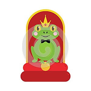 Frog prince. Cute cartoon style vector illustration with fairytale green frog character wearing crown and holding golden ball