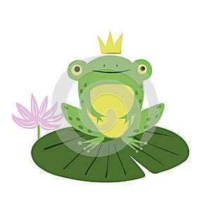 Frog prince on lily pad. Cartoon vector illustration of green frog with crown