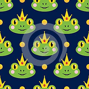 Frog prince vector seamless pattern background with green frog character wearing crown