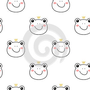 Frog princess doodle style. Hand drawn seamless pattern with cute cartoon frog with crown. Vector illustration