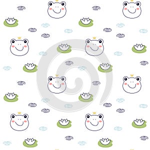 Frog princess doodle style. Hand drawn seamless pattern with cute cartoon frog with crown. Vector illustration