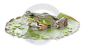 Frog resting on a lily pad with a snail, isolated on white with water droplets