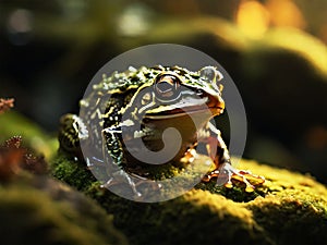 A frog resting on a mossy rock in the radiant glow of sunset