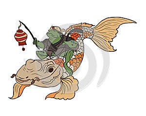 Frog riding koi fish carp vector illustration. photo