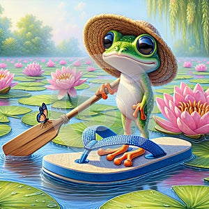 Frog Rowing a Flip-flop Sandal In Pond Water photo