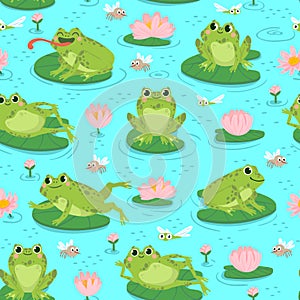 Frog seamless pattern. Repeating cute frogs and aquatic plants baby shower design, cards print or wallpaper textile