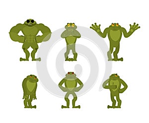 Frog set poses. Toad happy and yoga. Anuran sleeping and angry. guilty and sad. Vector illustration photo