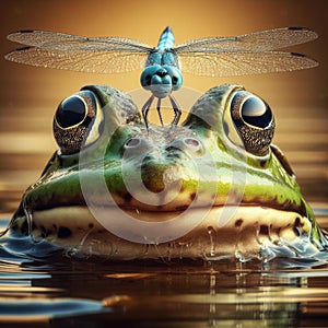 Frog sits in pond with dragonfly perched on nose