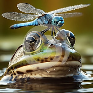 Frog sits in pond with dragonfly perched on nose