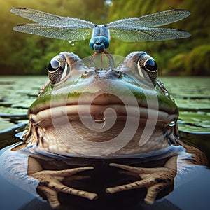 Frog sits in pond with dragonfly perched on nose