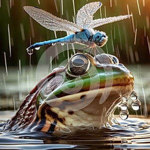 Frog sits in pond with dragonfly perched on nose