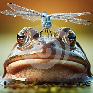 Frog sits in pond with dragonfly perched on nose