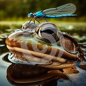 Frog sits in pond with dragonfly perched on nose