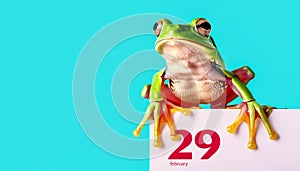 Frog sitting atop a calendar marked with February 29. Leap Day Calendar Date