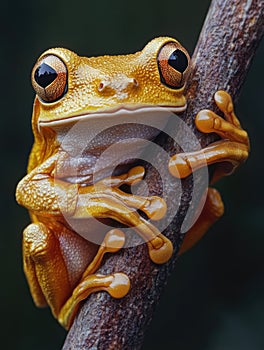 A frog is sitting on a branch and looking at the camera