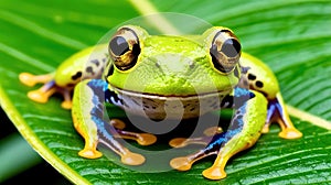 A frog is sitting on a leaf