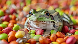 A frog sitting on a pile of candy beans and other candies, AI