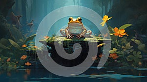 Frog sitting on a pond. Grenouille zen.