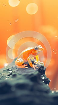 A frog is sitting on a rock with bubbles, AI