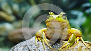 A frog sitting on a rock in the middle of some water, AI