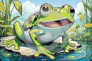 Frog sitting water pond cartoon comedy learning coloring book