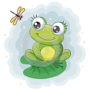 A frog is sitting on a white background. Isolated illustration with dragonfly and frog in a cartoon style