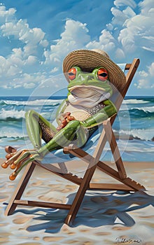 Frog sittingchair on the beach. Summer vacation concept
