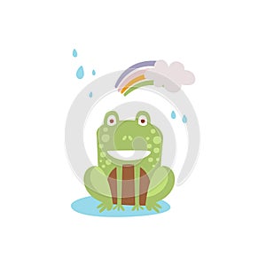 Frog SmilingSittin Under Rain And Rinbow In Autumn Animal Character Illustration In Funky Decorative Style photo