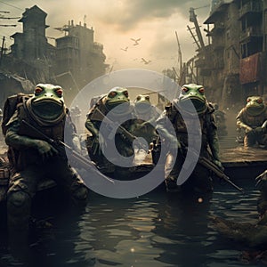 Frog soldiers in a flooded post-apocalyptic city