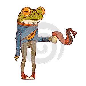 A frog with a spoiled latte, quirky vector illustration. Sketch-drawn anthropomorphic frog