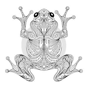 frog stylized zentangle, ornament. coloring book page for adult. Vector illustration. Hand drawn artwork