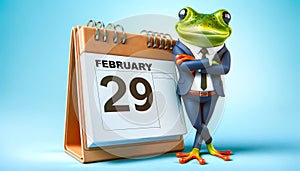 Frog in Suit with Leap Year Calendar. Leap Year Concept