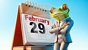 Frog in Suit with Leap Year Calendar. Leap Year Concept
