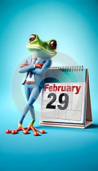 Frog in Suit with Leap Year Calendar. Leap Year Concept