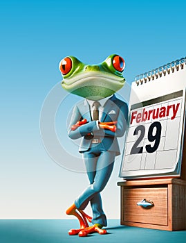 Frog in Suit with Leap Year Calendar. Leap Year Concept