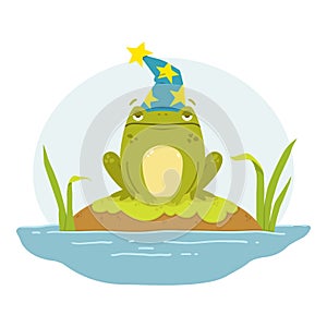 A frog in a swamp in a wizard`s hat. Toad  Merlin. Cute flat hand drawn character. Illustration for fairytales book. Vector