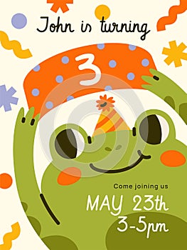 Frog-themed birthday invitation. Vector illustration photo