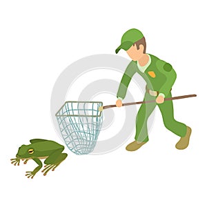 Frog trapping icon isometric vector. Man in uniform with landing net near frog