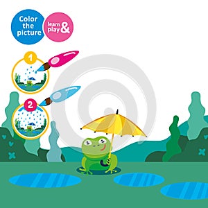 Frog with an umbrella in the rain. Draw rain. Game for small children. Develop care drawing skills. Coloring. For
