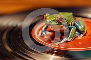 Frog on a vintage record player, closeup, vibrant colors, whimsical, bygone era , studio lighting