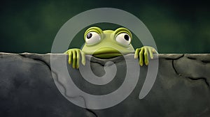 Frog on the wall. Frog peeking out.