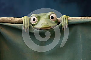 Frog on the wall. Frog peeking out.