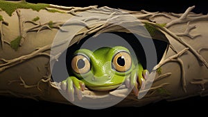 Frog on the wall. Frog peeking out.