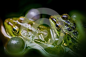 Frog in water. breeding male pool frog Pelophylax lessonae is croaking with vocal sacs in the pond at Lausanne, Switzerland.