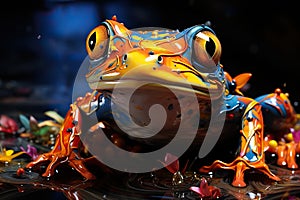 Frog in the water on a dark background. 3d rendering generative AI Generative AI