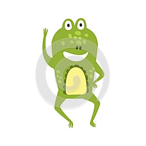 Frog Waving Greeting Flat Cartoon Green Friendly Reptile Animal Character Drawing