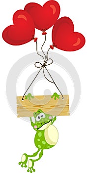 Frog with wooden sign and heart balloons